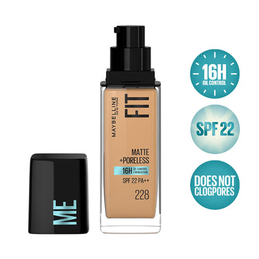 Maybelline New York Liquid Foundation, Matte Finish, With SPF, Absorbs Oil, Fit Me Matte + Poreless, 228 Soft Tan, 30 ml